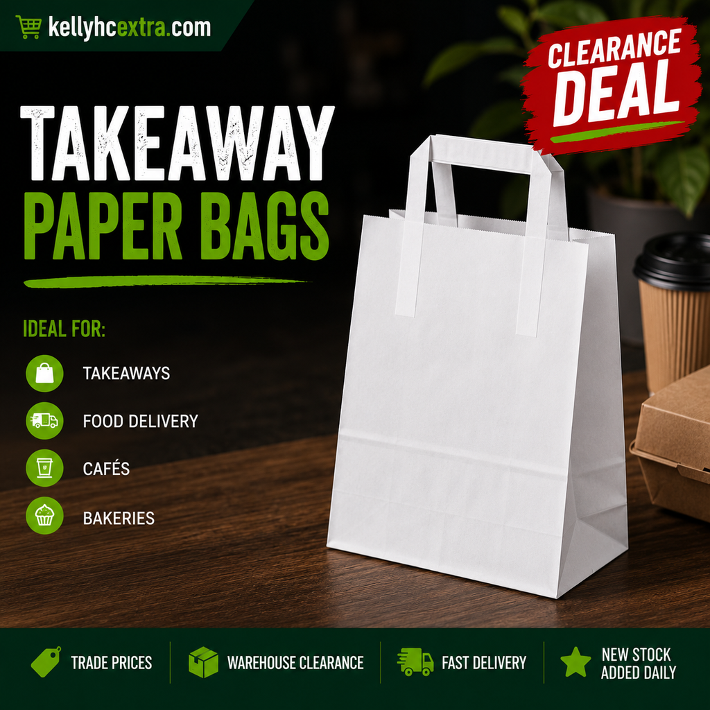 A white paper takeaway bag standing on a dark wooden table, with promotional text reading 'TAKEAWAY PAPER BAGS,' a 'CLEARANCE DEAL' badge, and icons for takeaway, food delivery, cafés, and bakeries. A coffee cup and food box are partially visible in the background.