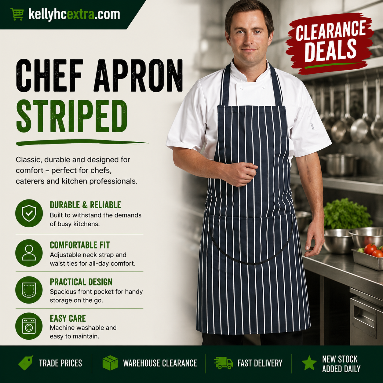 Whites Butchers Apron Navy Stripe with Pocket